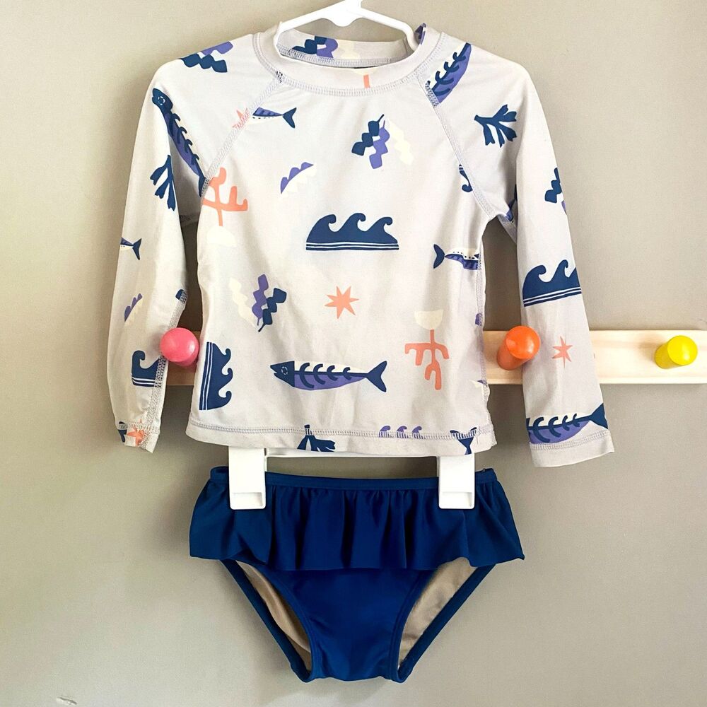 Tea Collection Nautical Themed Swimsuit Rash Guard Top w/ Tutu Bikini Bottoms